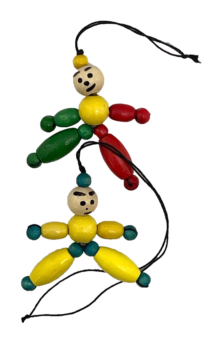 Lot of 2 Wooden String Beaded Doll Ornaments Bag Charms Hanging Accessories